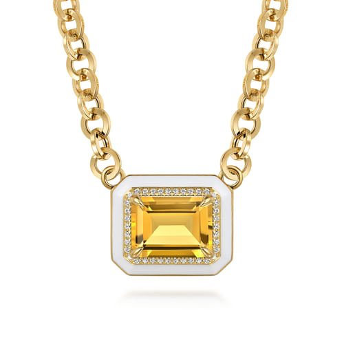 14K Yellow Gold Diamond and Citrine Necklace With Flower Pattern J-Back and White Enamel