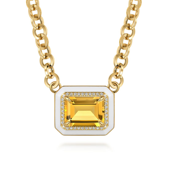 Gabriel - 14K Yellow Gold Diamond and Citrine Necklace With Flower Pattern J-Back and White Enamel