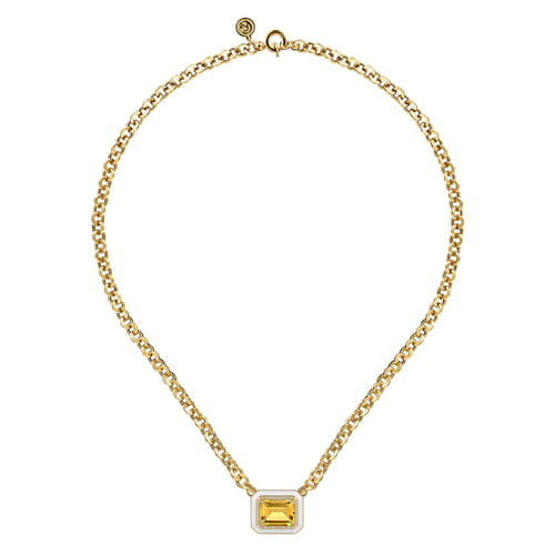 14K Yellow Gold Diamond and Citrine Necklace With Flower Pattern J-Back and White Enamel