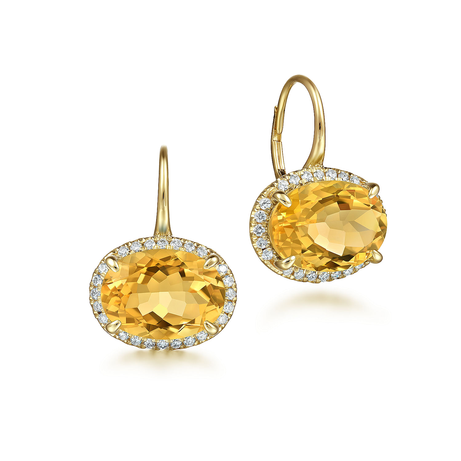 Gabriel - 14K Yellow Gold Diamond and Citrine Oval Shape Earrings With Flower Pattern J-Back