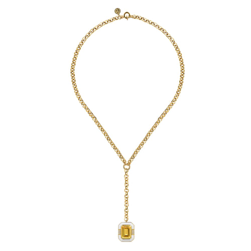 14K Yellow Gold Diamond and Citrine Y-Layer Necklace With Flower Pattern J-Back and White Enamel