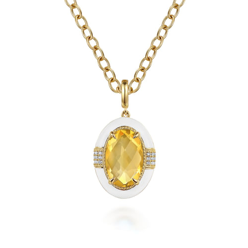 14K Yellow Gold Diamond and Citrine Y-Layer Necklace With Flower Pattern J-Back and White Enamel