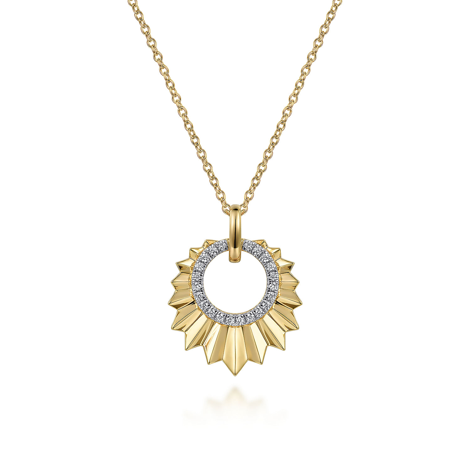 14K Yellow Gold Diamond and Diamond Cut Texture Pendant Necklace