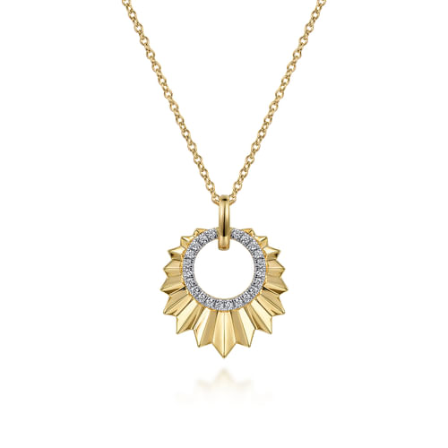 14K Yellow Gold Diamond and Diamond Cut Texture Pendant Necklace