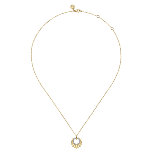 14K Yellow Gold Diamond and Diamond Cut Texture Pendant Necklace