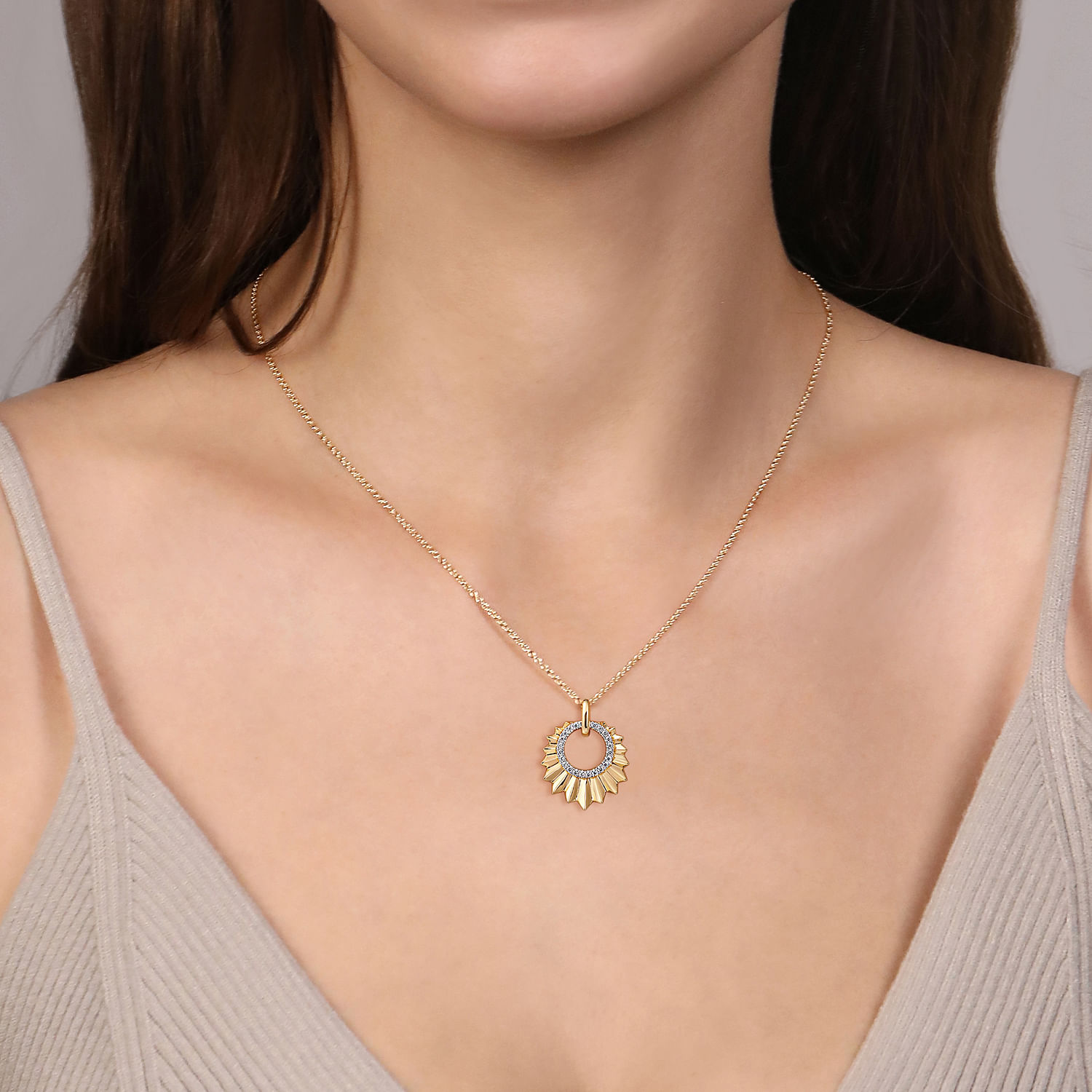14K Yellow Gold Diamond and Diamond Cut Texture Pendant Necklace