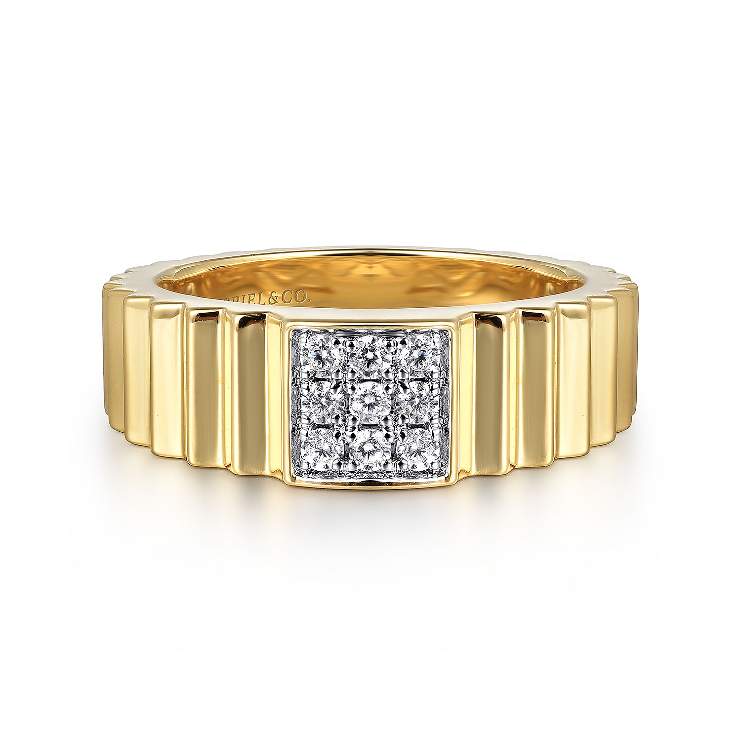 Gabriel - 14K Yellow Gold Diamond and Diamond Cut Texture Wide Band Ring 