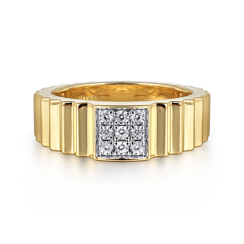 14K Yellow Gold Diamond and Diamond Cut Texture Wide Band Ring 