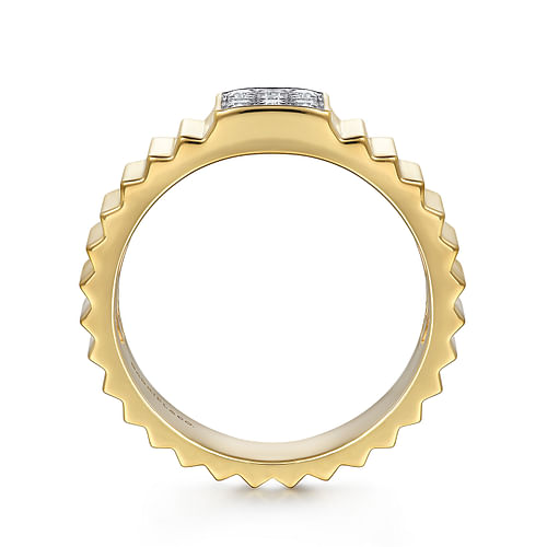 14K Yellow Gold Diamond and Diamond Cut Texture Wide Band Ring 