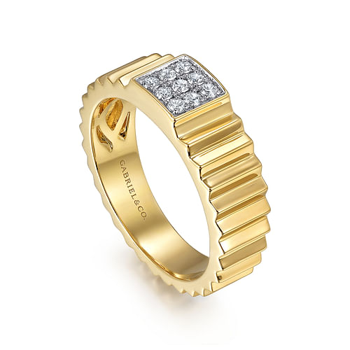 14K Yellow Gold Diamond and Diamond Cut Texture Wide Band Ring 