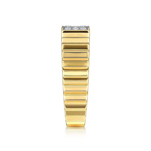 14K Yellow Gold Diamond and Diamond Cut Texture Wide Band Ring 