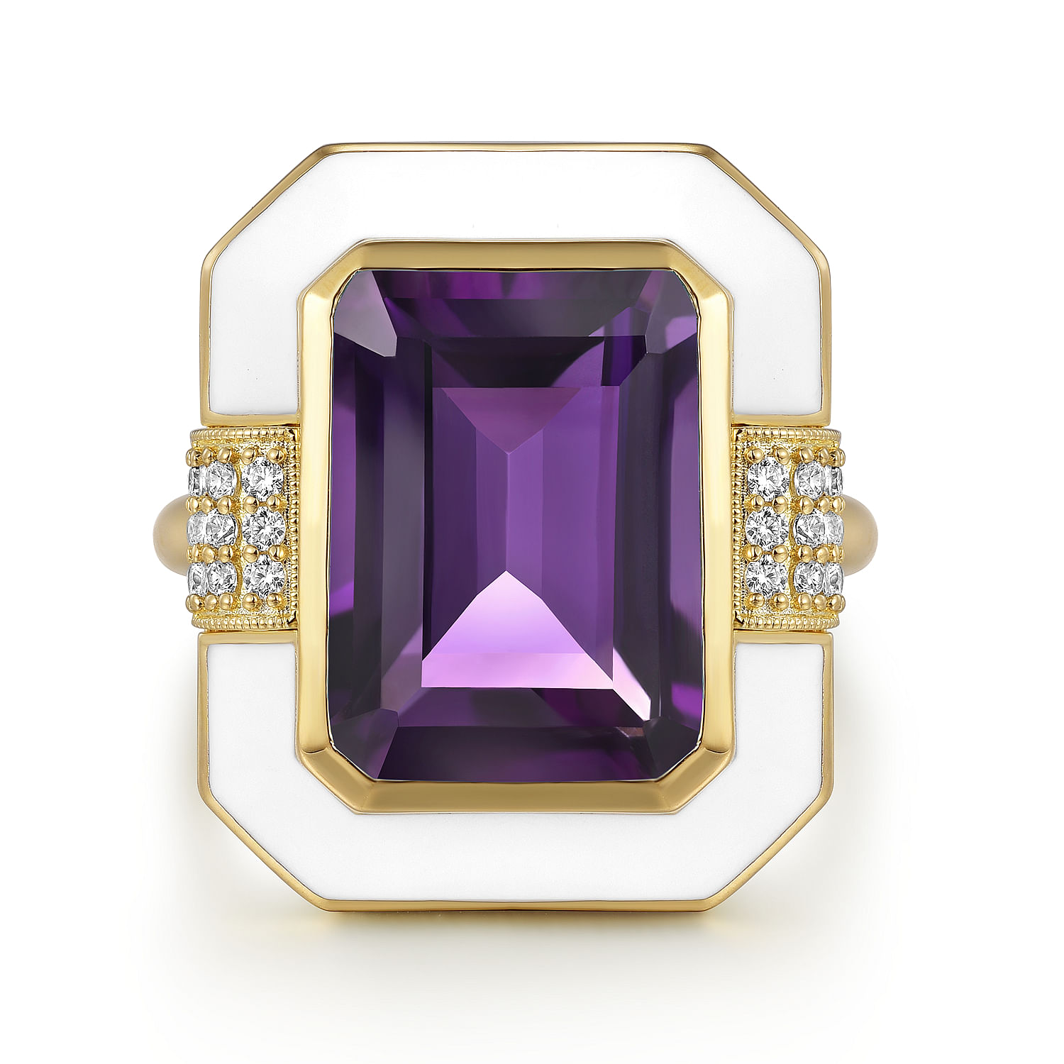 Gabriel - 14K Yellow Gold Diamond and Emerald Cut Amethyst Fashion Ring With White Enamel