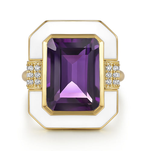 14K Yellow Gold Diamond and Emerald Cut Amethyst Fashion Ring With White Enamel