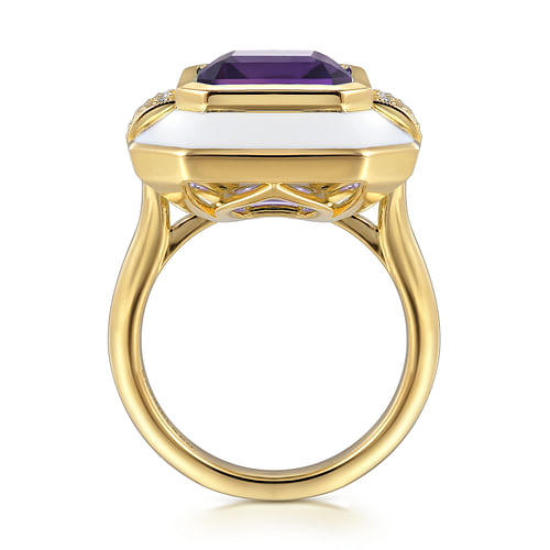 14K Yellow Gold Diamond and Emerald Cut Amethyst Fashion Ring With White Enamel