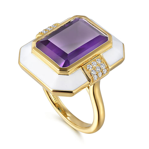 14K Yellow Gold Diamond and Emerald Cut Amethyst Fashion Ring With White Enamel