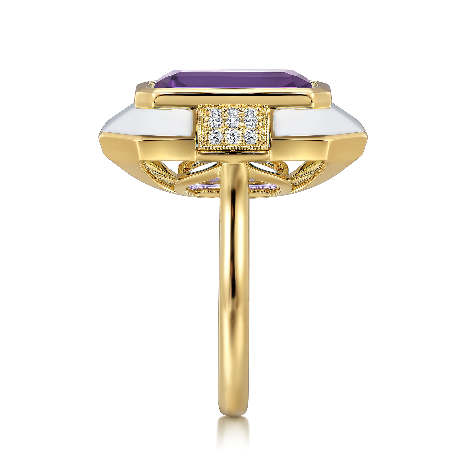 14K Yellow Gold Diamond and Emerald Cut Amethyst Fashion Ring With White Enamel