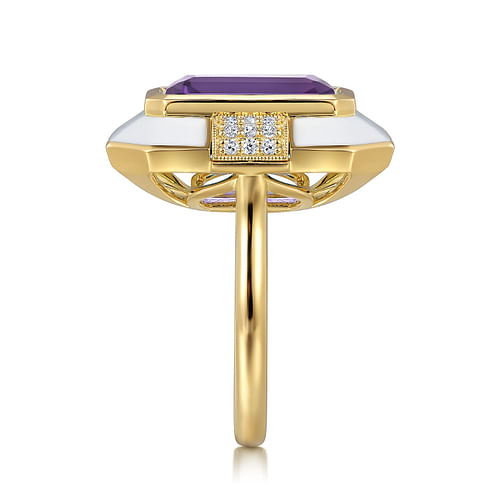 14K Yellow Gold Diamond and Emerald Cut Amethyst Fashion Ring With White Enamel