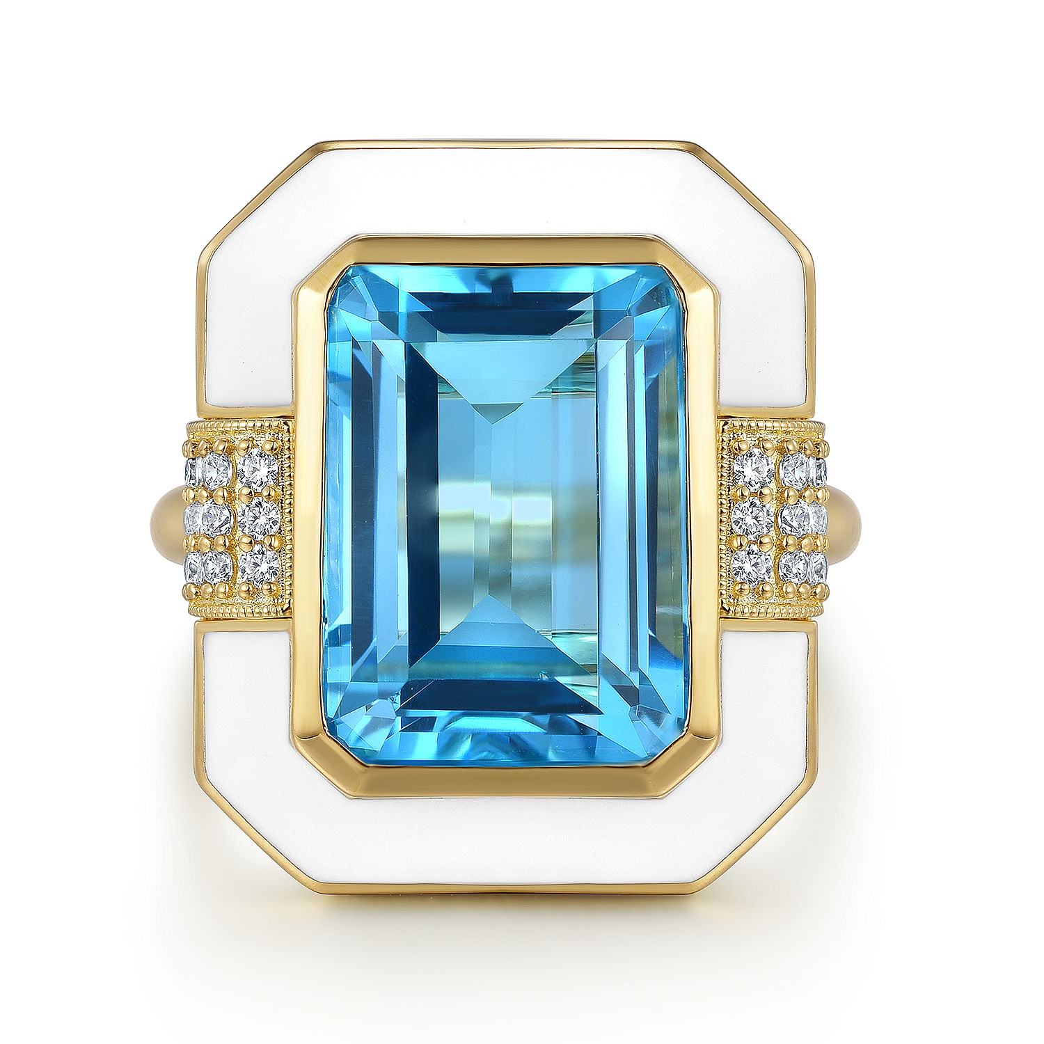 Gabriel - 14K Yellow Gold Diamond and Emerald Cut Blue Topaz Fashion Ring With White Enamel
