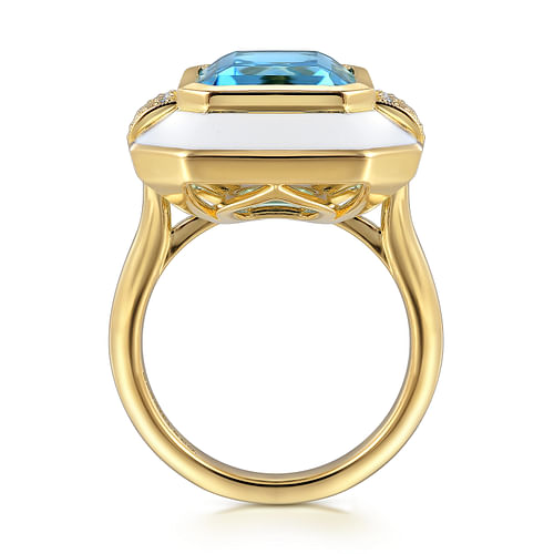 14K Yellow Gold Diamond and Emerald Cut Blue Topaz Fashion Ring With White Enamel