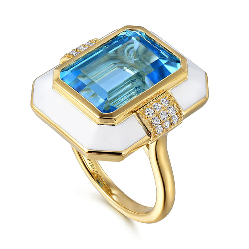 14K Yellow Gold Diamond and Emerald Cut Blue Topaz Fashion Ring With White Enamel