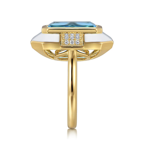 14K Yellow Gold Diamond and Emerald Cut Blue Topaz Fashion Ring With White Enamel