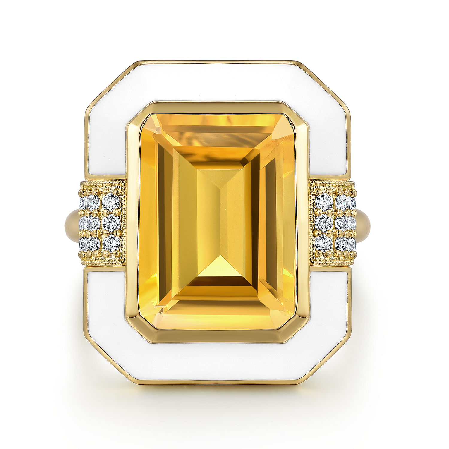14K Yellow Gold Diamond and Emerald Cut Citrine Fashion Ring With White Enamel