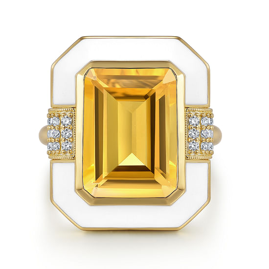 Gabriel - 14K Yellow Gold Diamond and Emerald Cut Citrine Fashion Ring With White Enamel