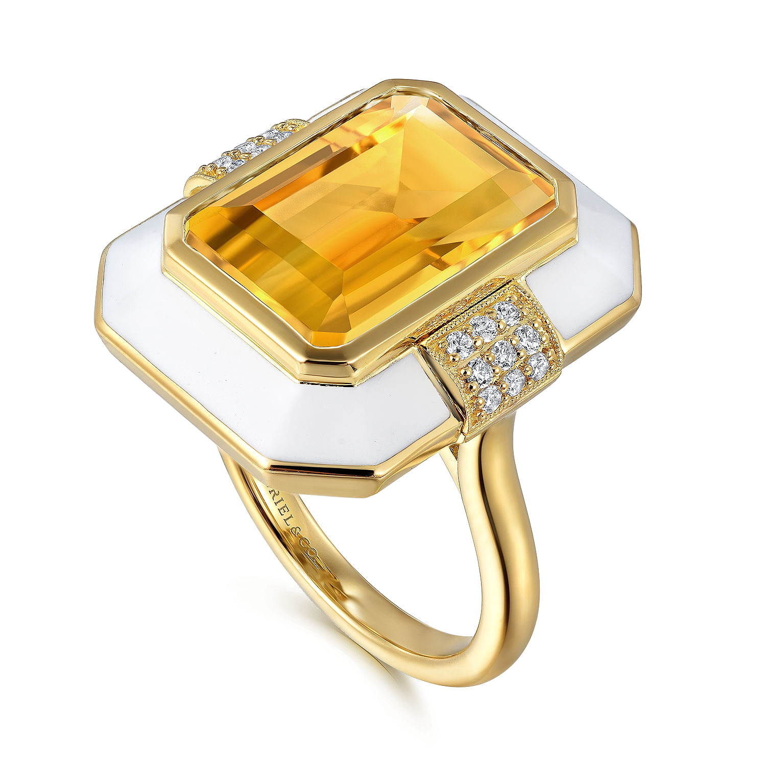 14K Yellow Gold Diamond and Emerald Cut Citrine Fashion Ring With White Enamel