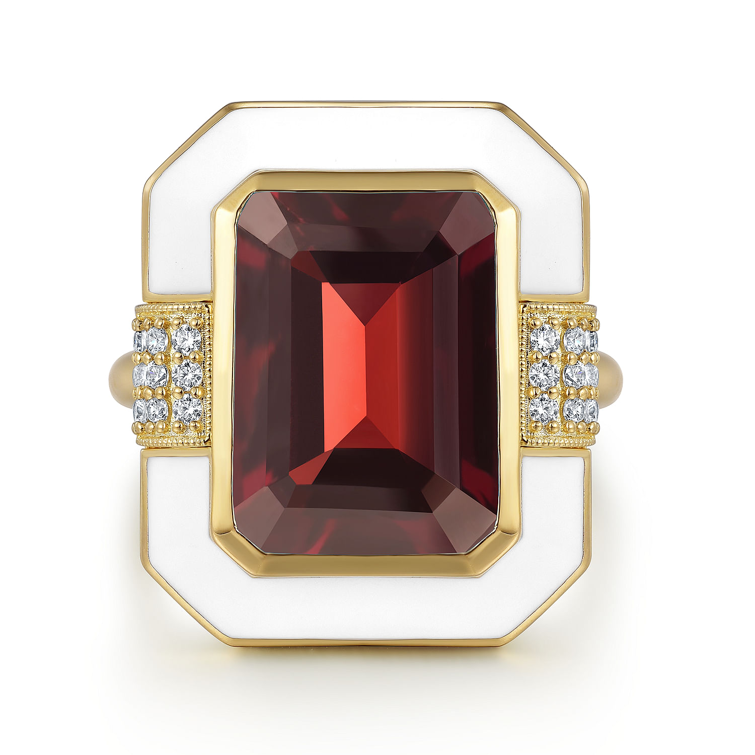 14K Yellow Gold Diamond and Emerald Cut Garnet Fashion Ring With White Enamel