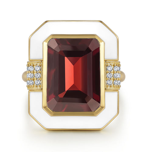 14K Yellow Gold Diamond and Emerald Cut Garnet Fashion Ring With White Enamel