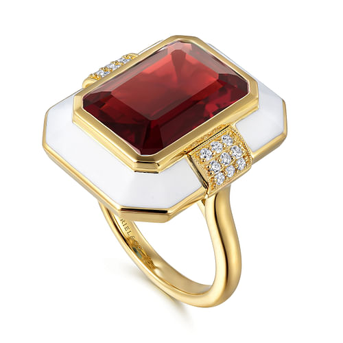 14K Yellow Gold Diamond and Emerald Cut Garnet Fashion Ring With White Enamel