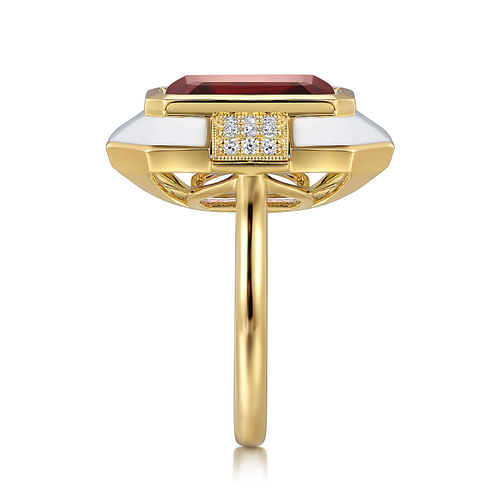 14K Yellow Gold Diamond and Emerald Cut Garnet Fashion Ring With White Enamel