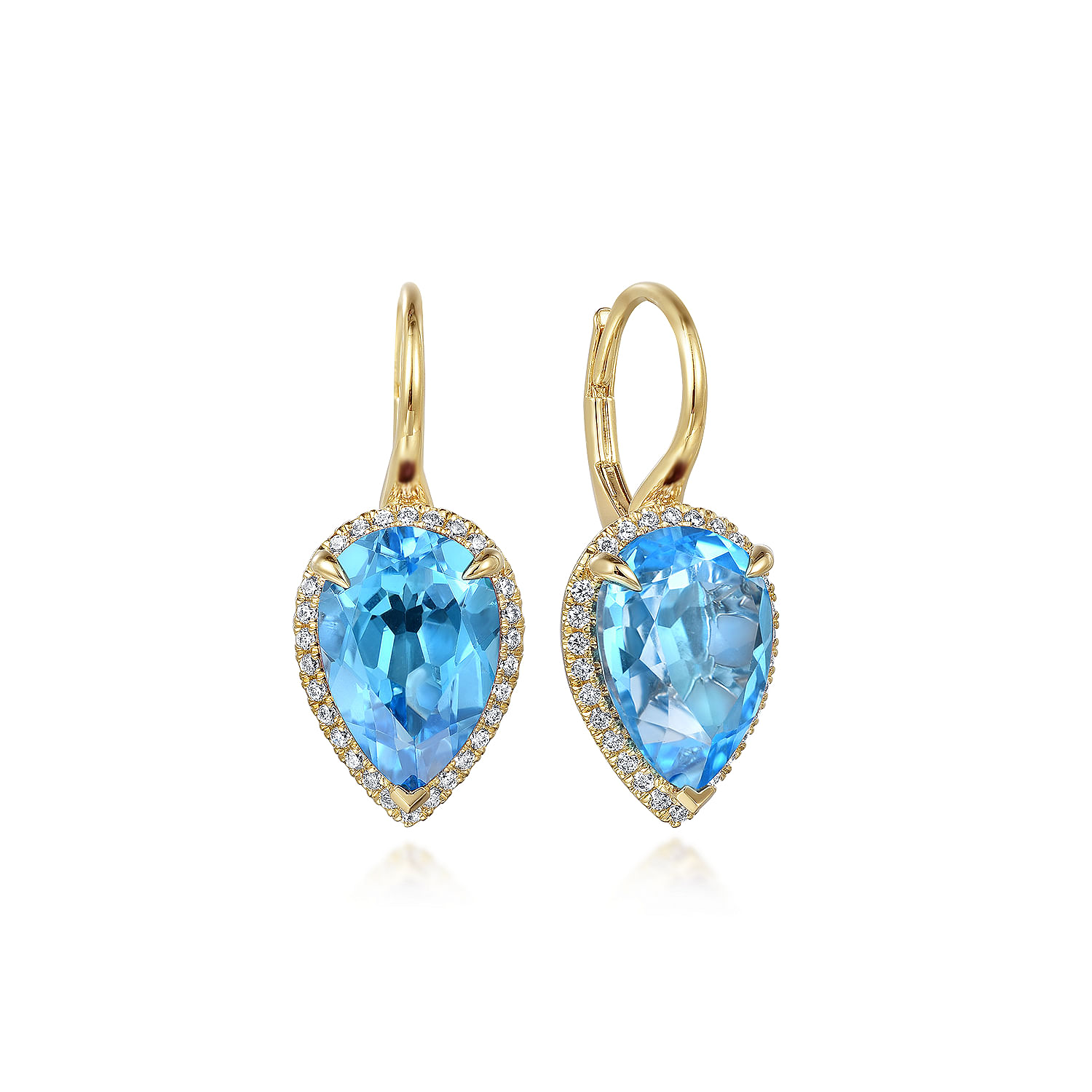 14K Yellow Gold Diamond and Flat Pear Blue Topaz Earrings With Flower Pattern J-Back