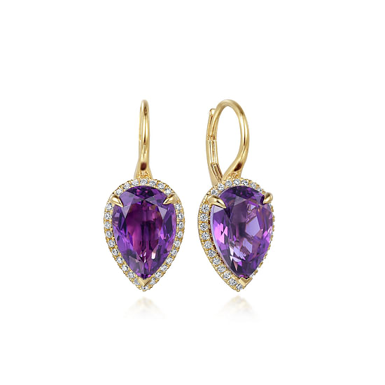 Gabriel - 14K Yellow Gold Diamond and Flat Pear Shape Amethyst Earrings With Flower Pattern J-Back