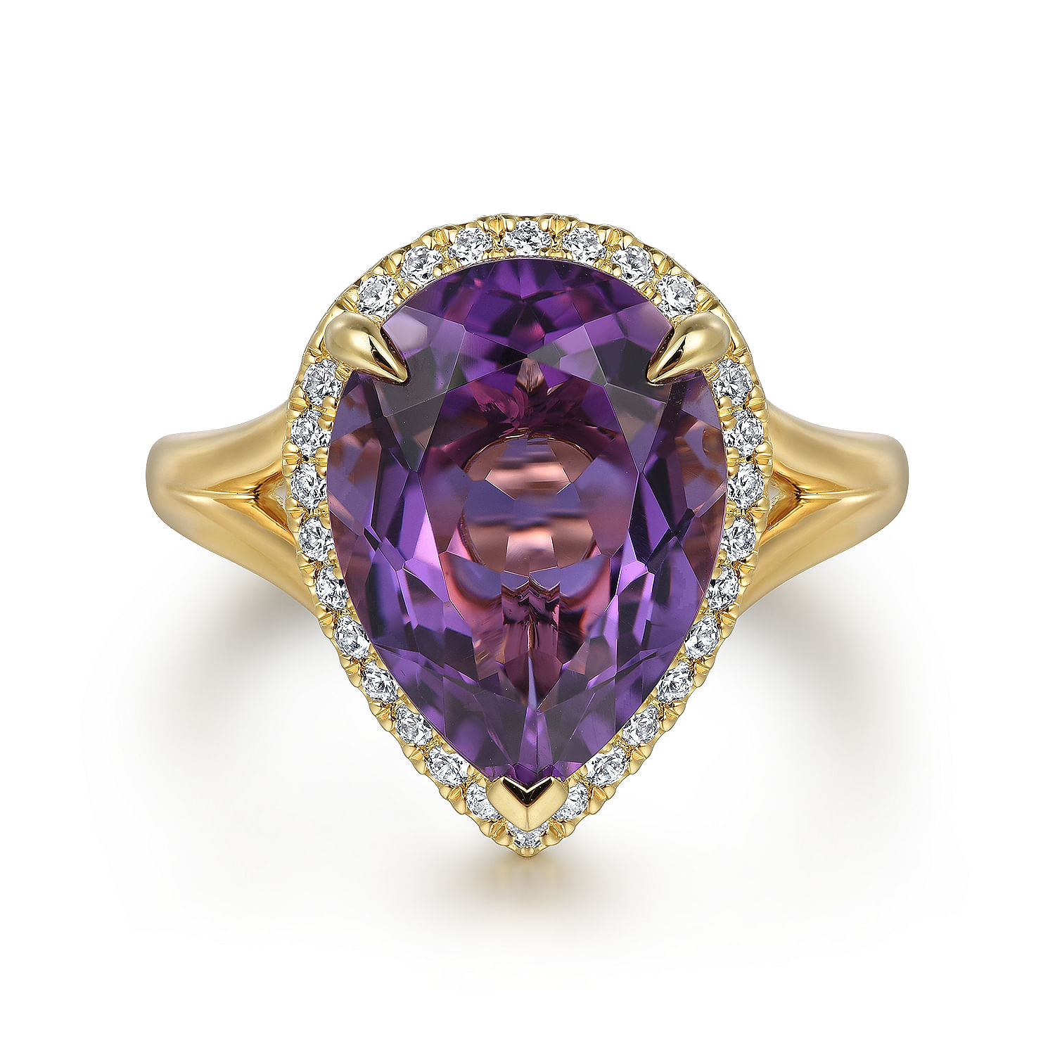 Gabriel - 14K Yellow Gold Diamond and Flat Pear Shape Amethyst Ladies Ring With Flower Pattern Gallery