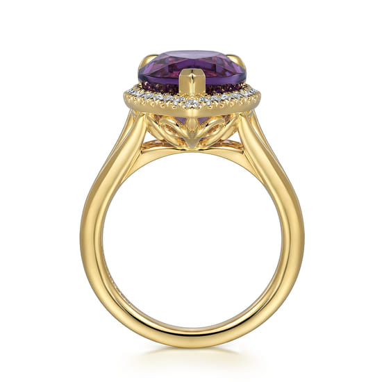 14K Yellow Gold Diamond and Flat Pear Shape Amethyst Ladies Ring With Flower Pattern Gallery angle 2 14K Yellow Gold Diamond and Flat Pear Shape Amethyst Ladies Ring With Flower Pattern Gallery angle 2