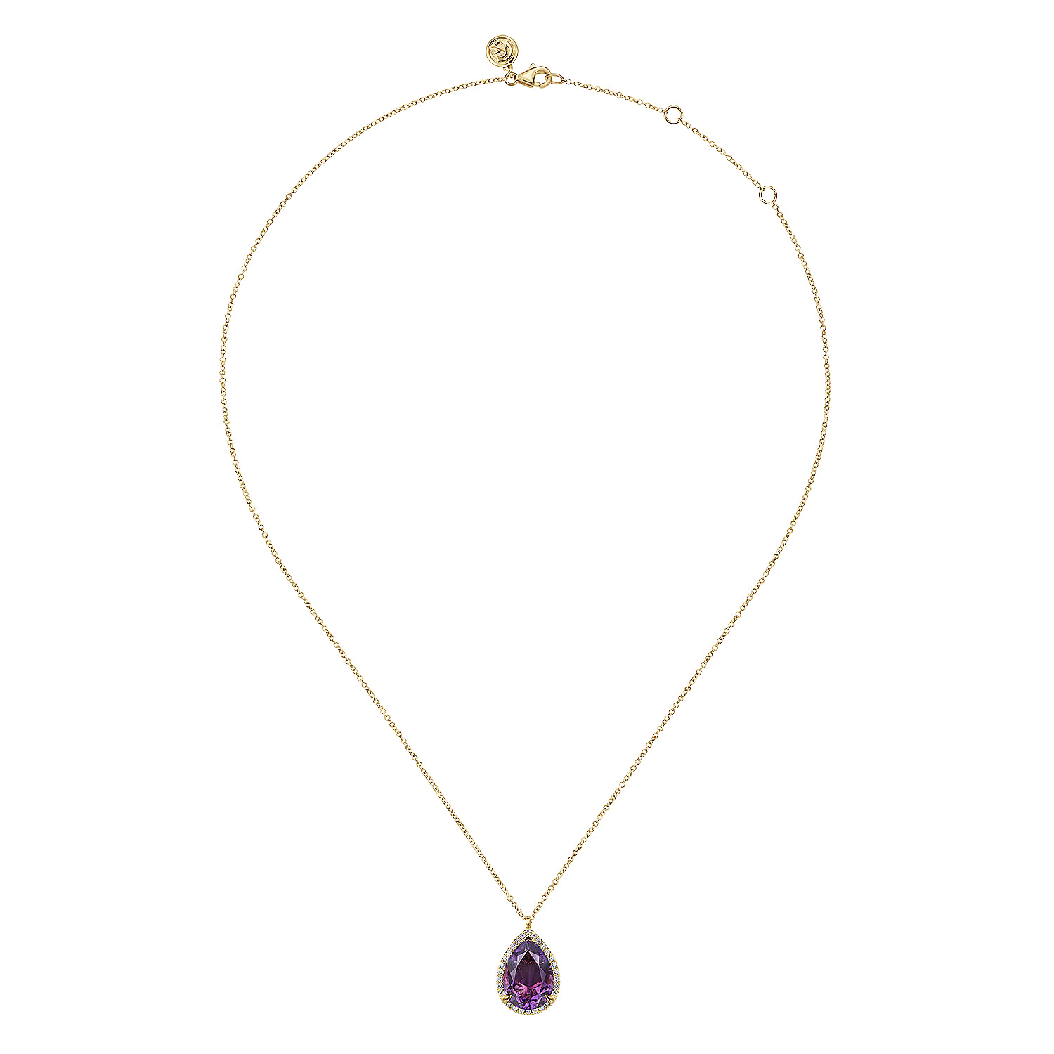 14K Yellow Gold Diamond and Flat Pear Shape Amethyst Necklace With Flower Pattern J-Back