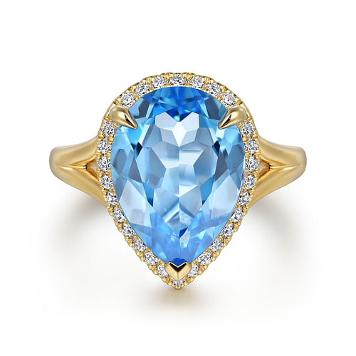 14K Yellow Gold Diamond and Flat Pear Shape Blue Topaz Ladies Ring With Flower Pattern Gallery