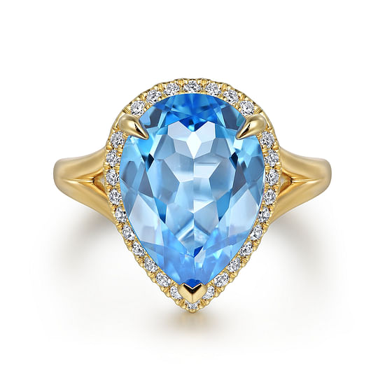 Gabriel - 14K Yellow Gold Diamond and Flat Pear Shape Blue Topaz Ladies Ring With Flower Pattern Gallery