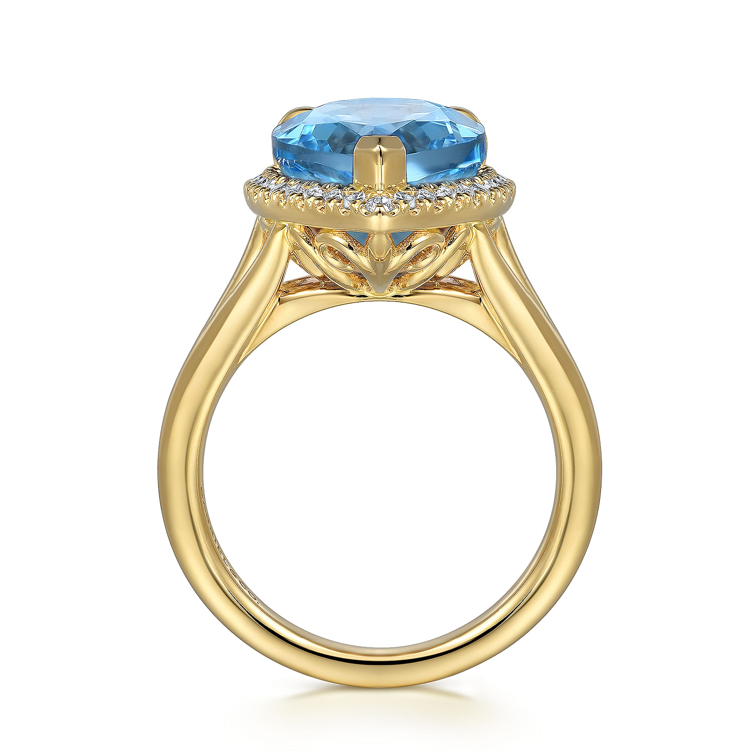 14K Yellow Gold Diamond and Flat Pear Shape Blue Topaz Ladies Ring With Flower Pattern Gallery
