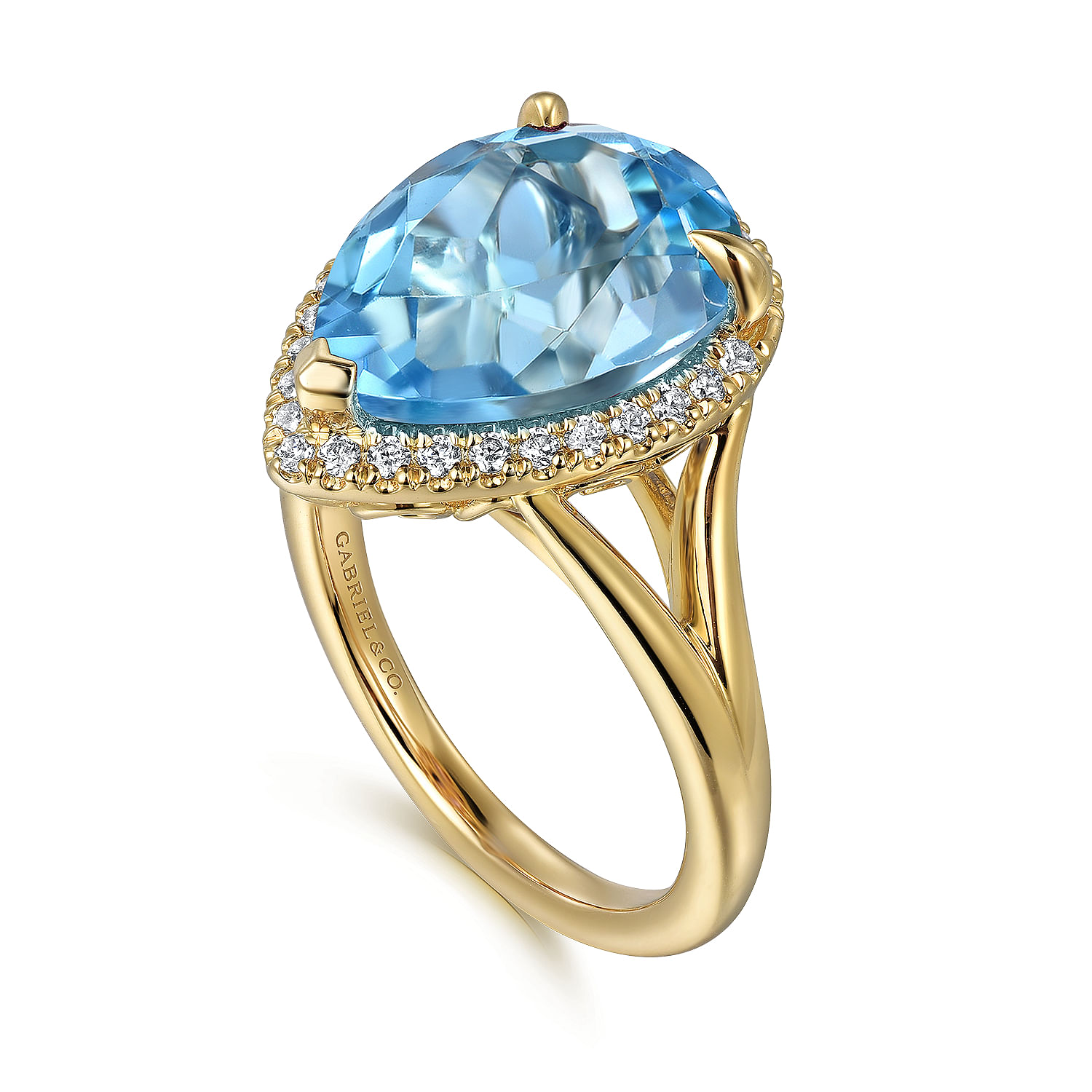 14K Yellow Gold Diamond and Flat Pear Shape Blue Topaz Ladies Ring With Flower Pattern Gallery