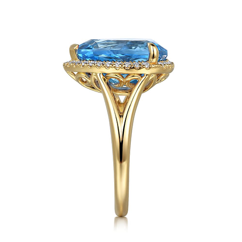 14K Yellow Gold Diamond and Flat Pear Shape Blue Topaz Ladies Ring With Flower Pattern Gallery