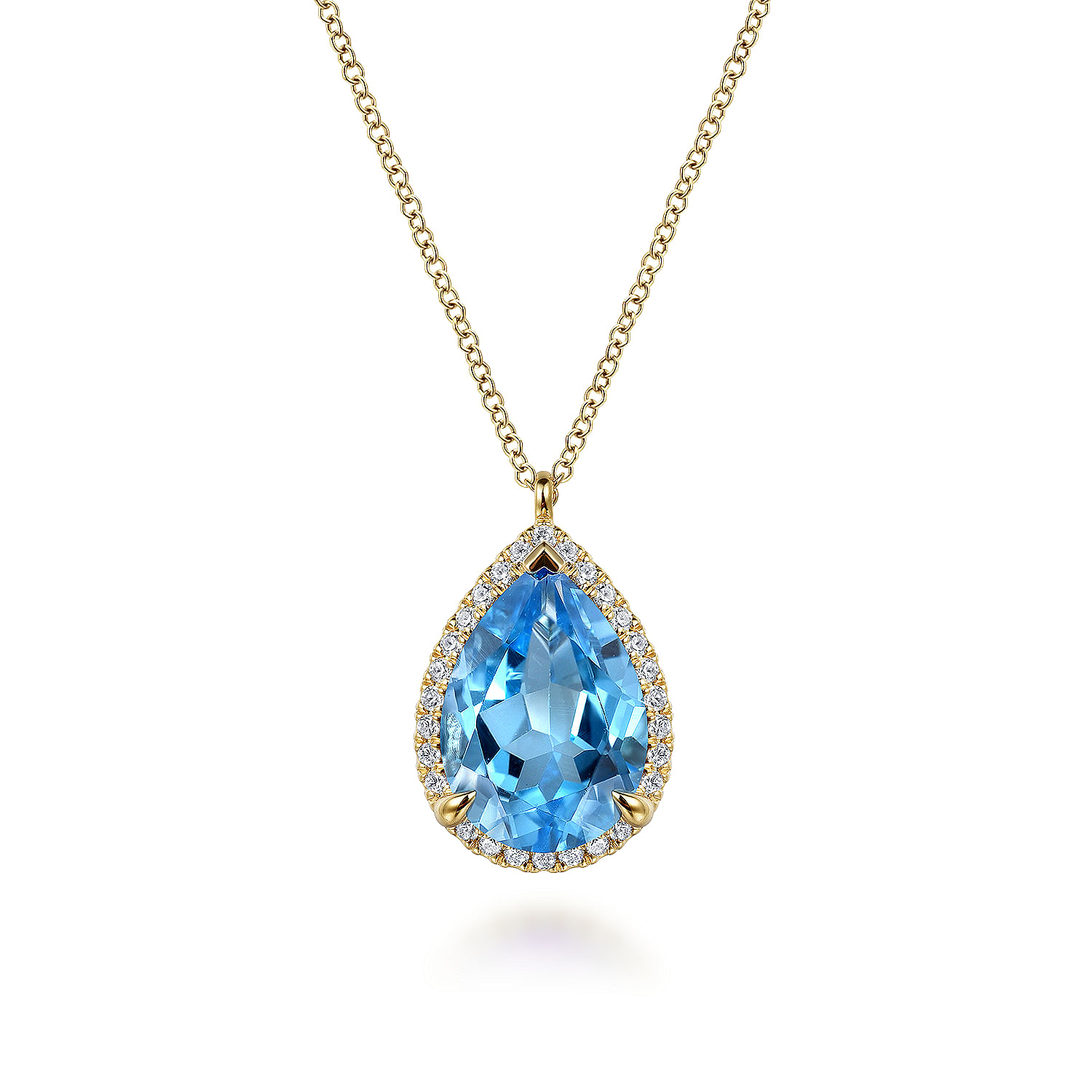 14K Yellow Gold Diamond and Flat Pear Shape Blue Topaz Necklace With Flower Pattern J-Back