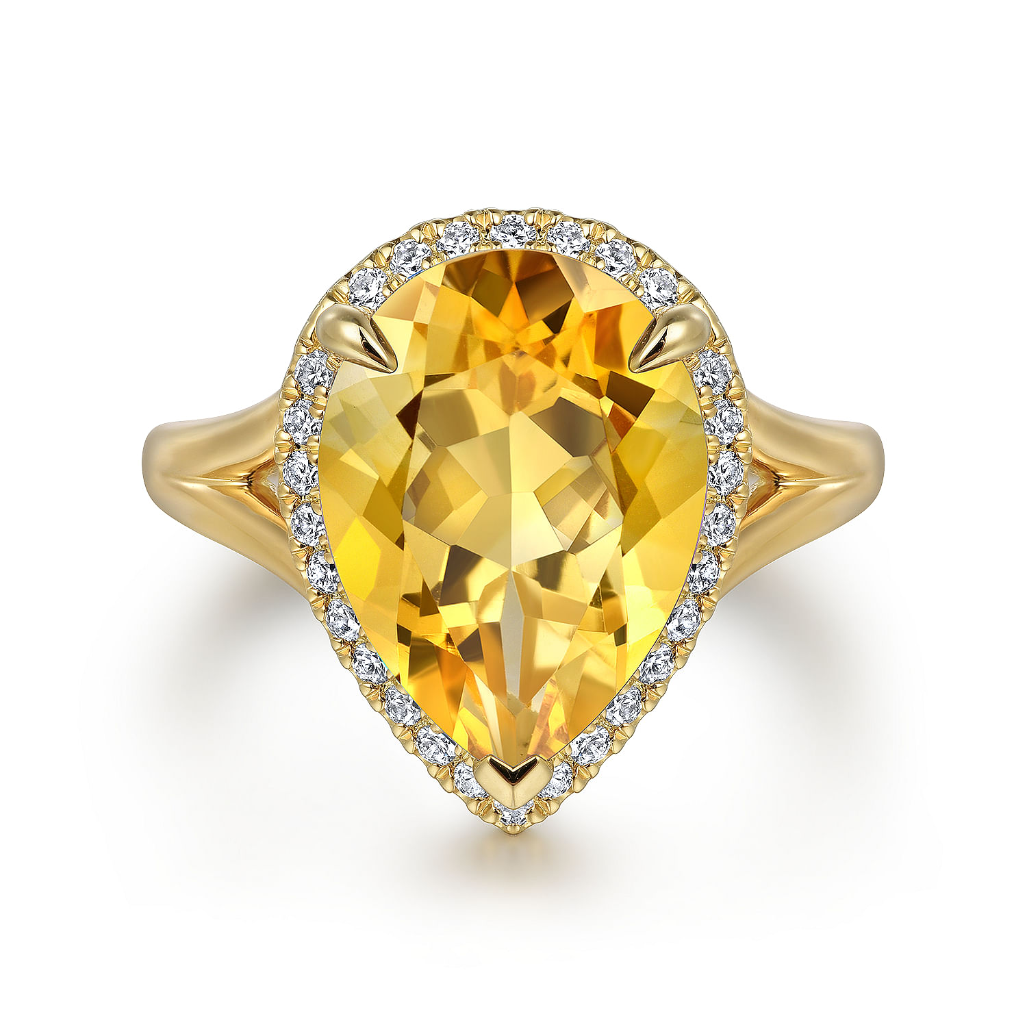 14K Yellow Gold Diamond and Flat Pear Shape Citrine Ladies Ring With Flower Pattern Gallery
