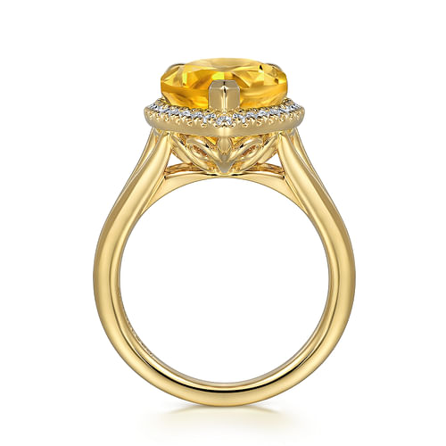 14K Yellow Gold Diamond and Flat Pear Shape Citrine Ladies Ring With Flower Pattern Gallery