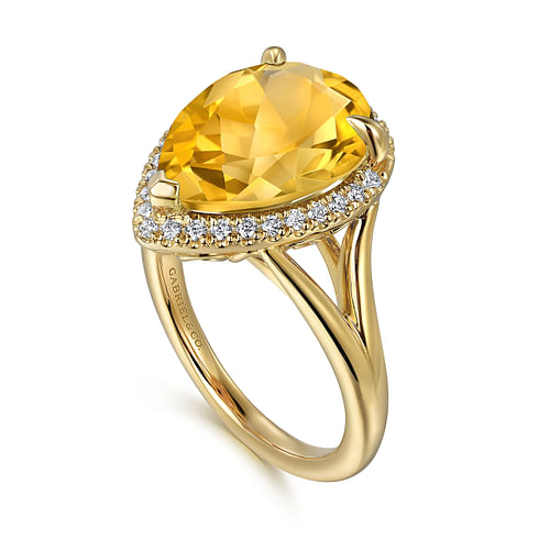 14K Yellow Gold Diamond and Flat Pear Shape Citrine Ladies Ring With Flower Pattern Gallery