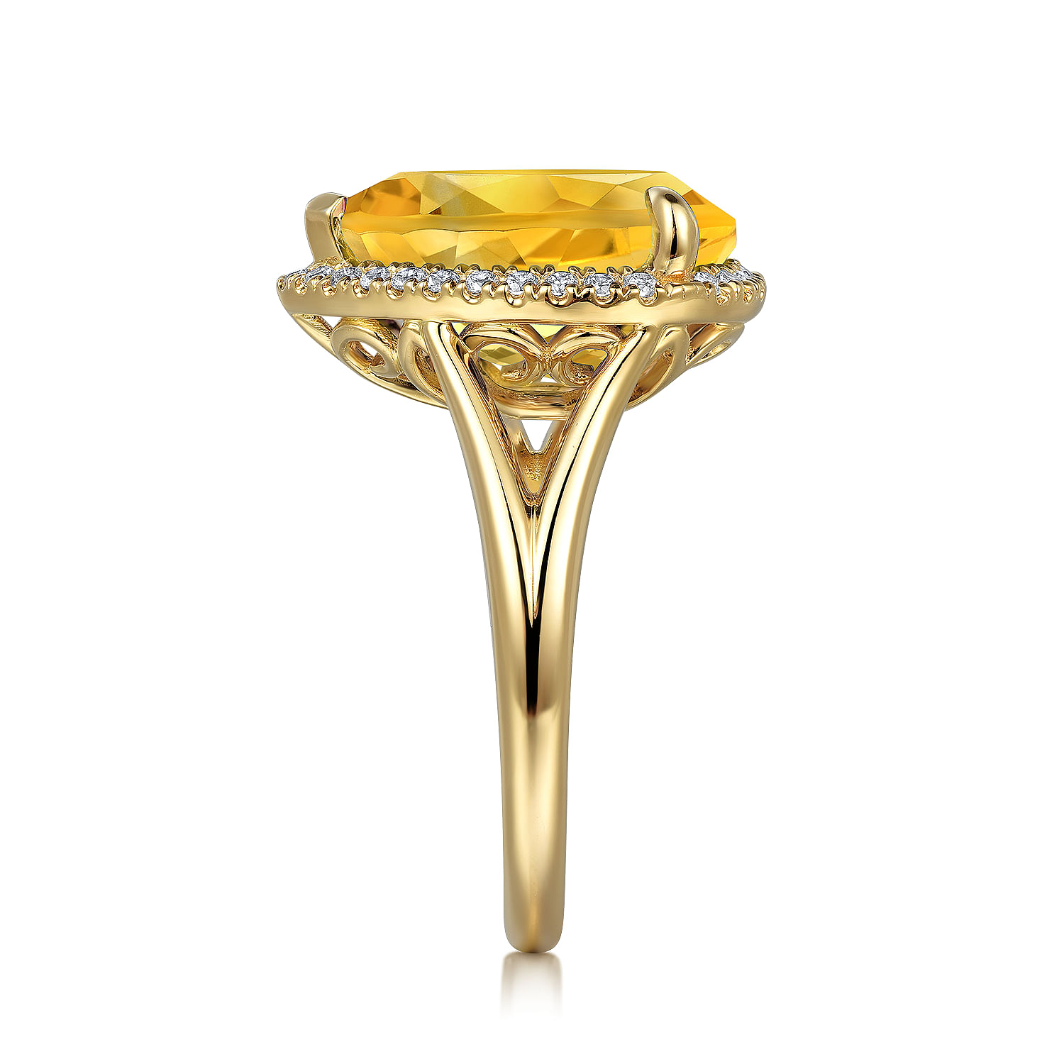 14K Yellow Gold Diamond and Flat Pear Shape Citrine Ladies Ring With Flower Pattern Gallery
