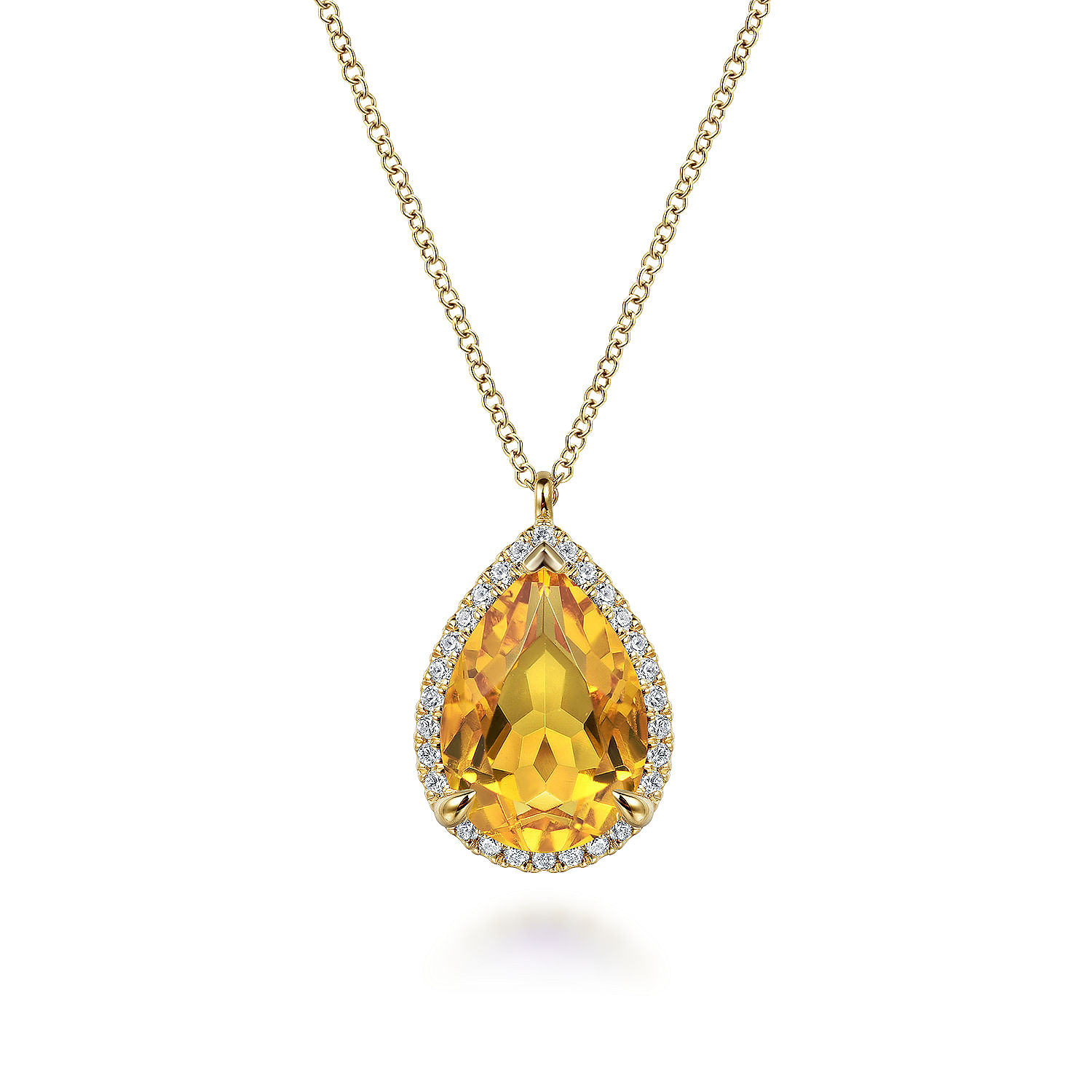 Gabriel - 14K Yellow Gold Diamond and Flat Pear Shape Citrine Necklace With Flower Pattern J-Back