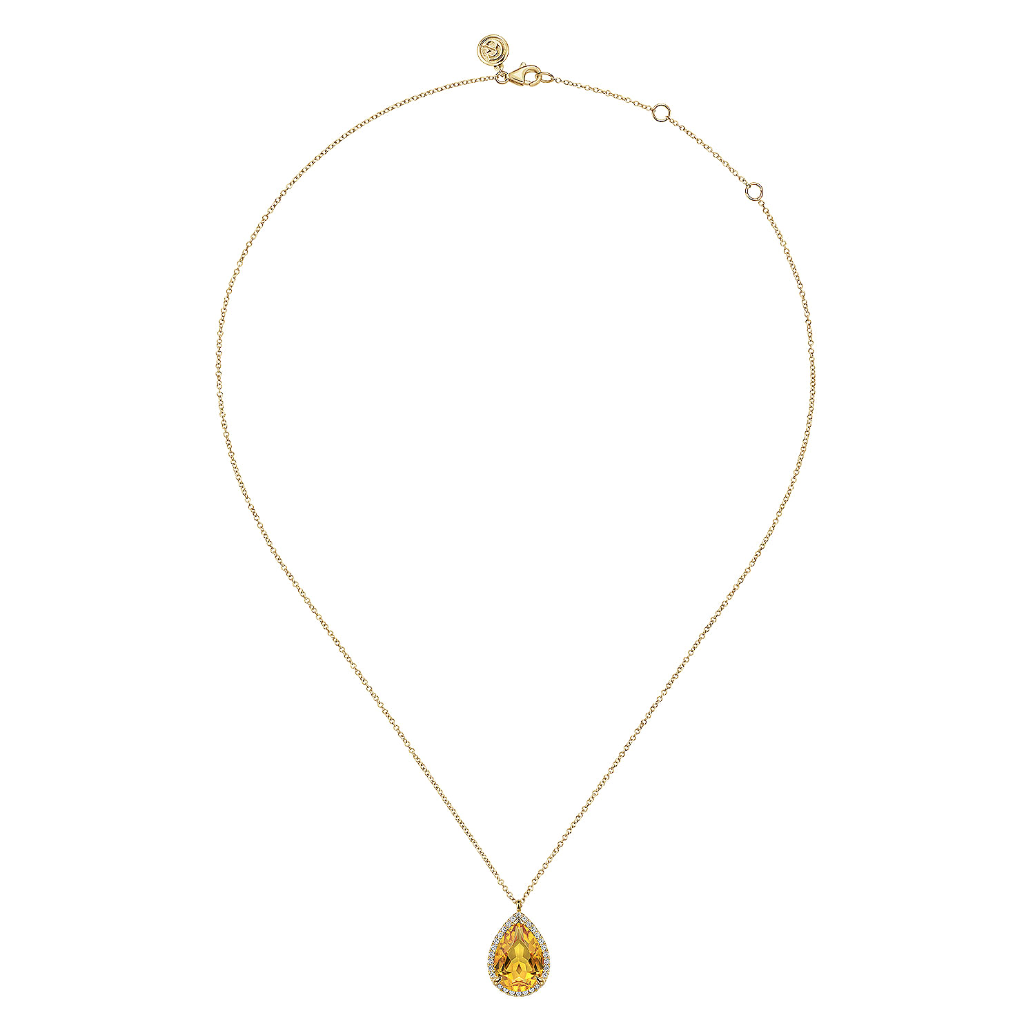 14K Yellow Gold Diamond and Flat Pear Shape Citrine Necklace With Flower Pattern J-Back