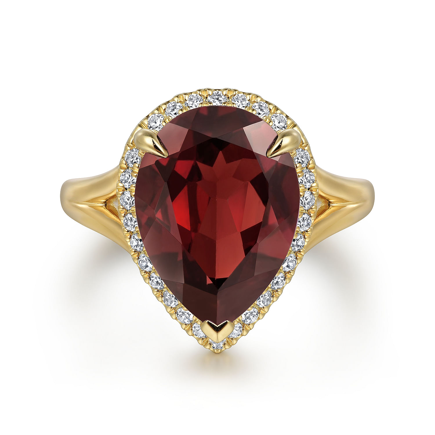 Gabriel - 14K Yellow Gold Diamond and Flat Pear Shape Garnet Ladies Ring With Flower Pattern Gallery